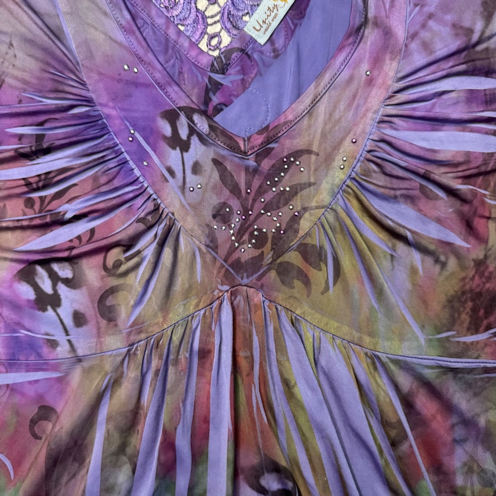 Unity World Wear Purple Floral Lace Rhinestone Fairycore Tunic Top XL - Picture 7 of 8